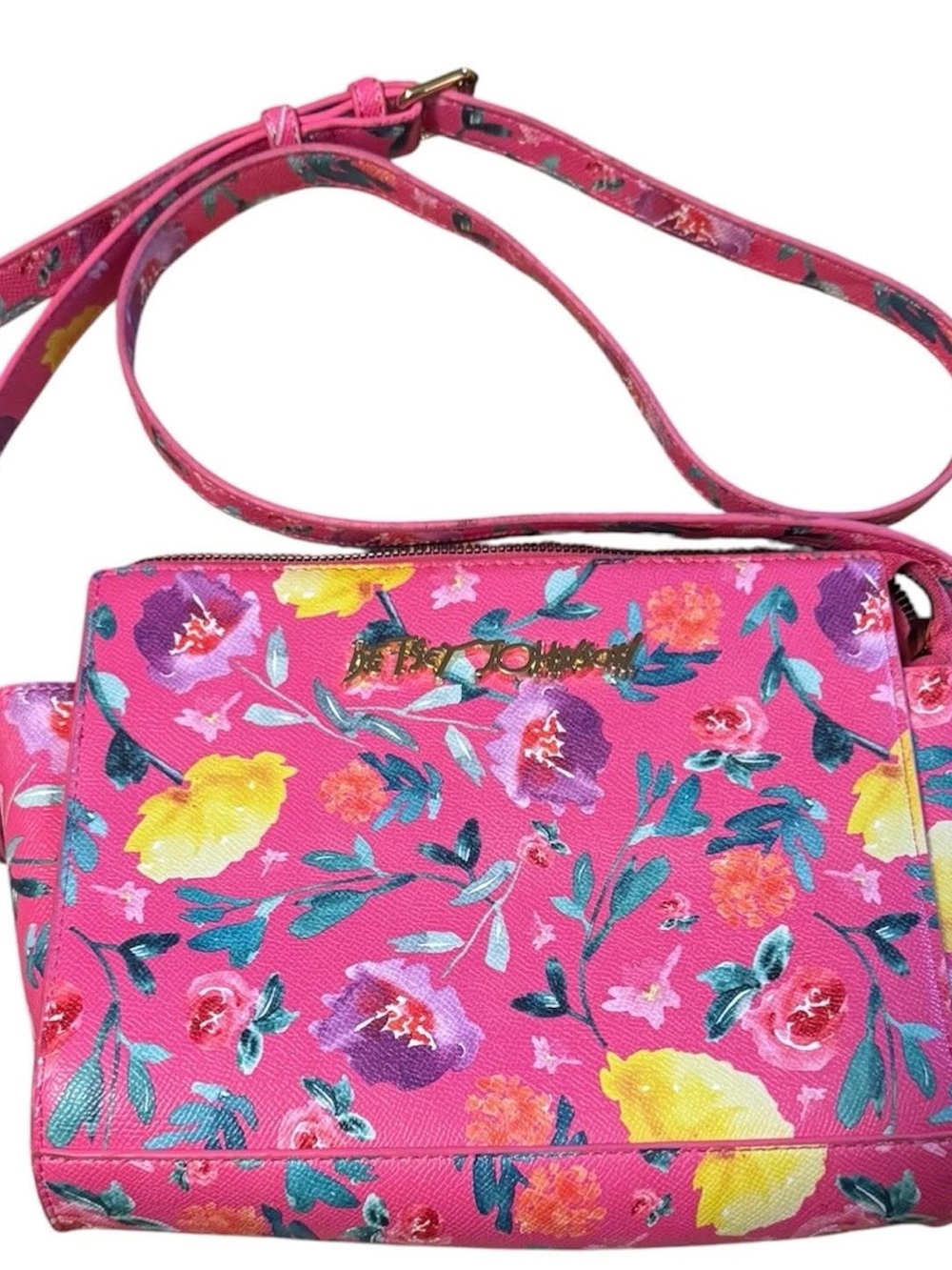 Betsey Johnson Pink Floral Crossbody Bag with Yellow & Purple Blooms
